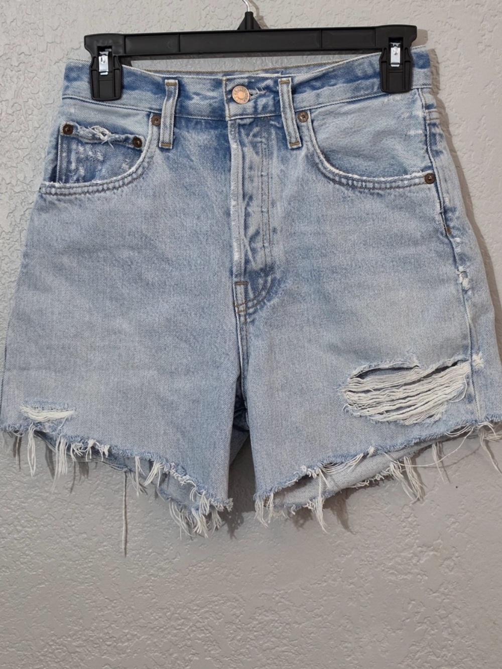 Agolde Light Blue Distressed High-Rise Riley Jean Shorts